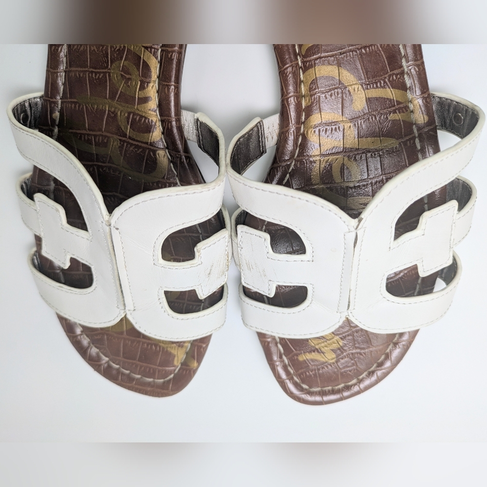 Sam Edelman White Leather Slide Sandals with Brown Footbed - Picture 13 of 16